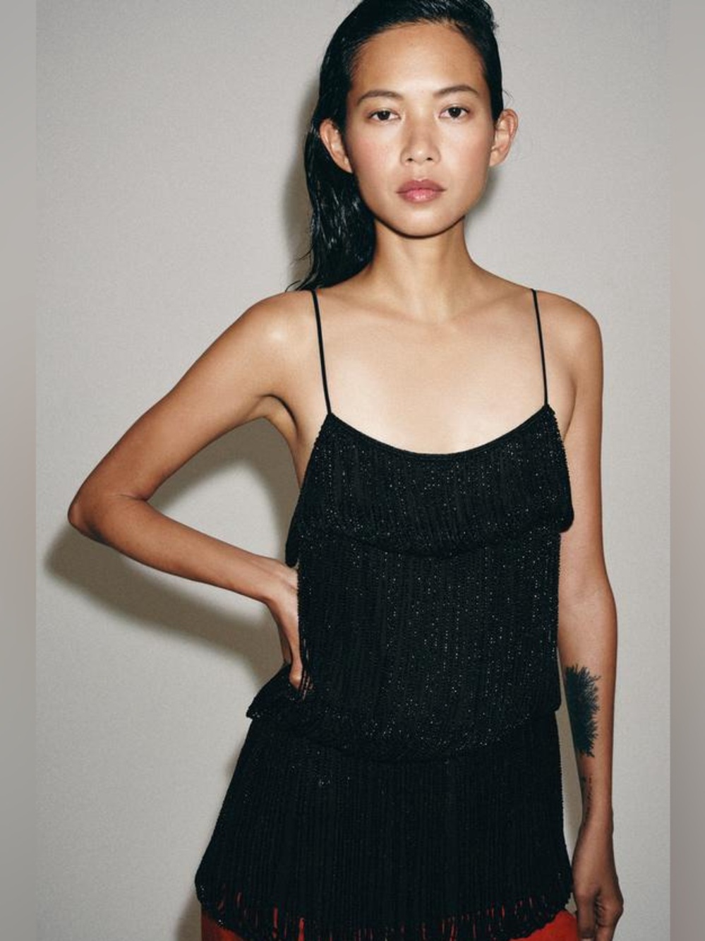 Zara Black Beaded Spaghetti-Strap Cami